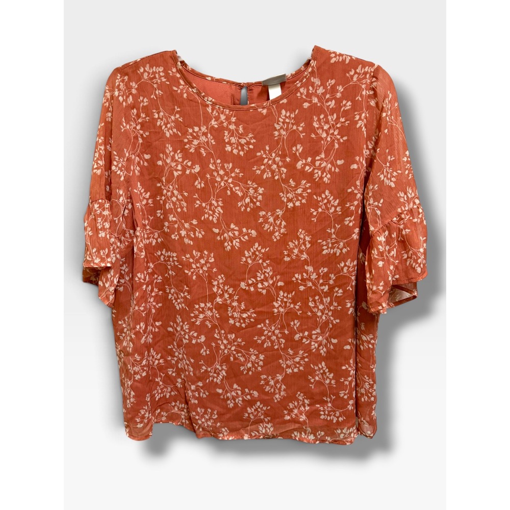 Ava & Viv Womens 1X Terracotta Floral Ruffle Short Sleeve Blouse Top NEW